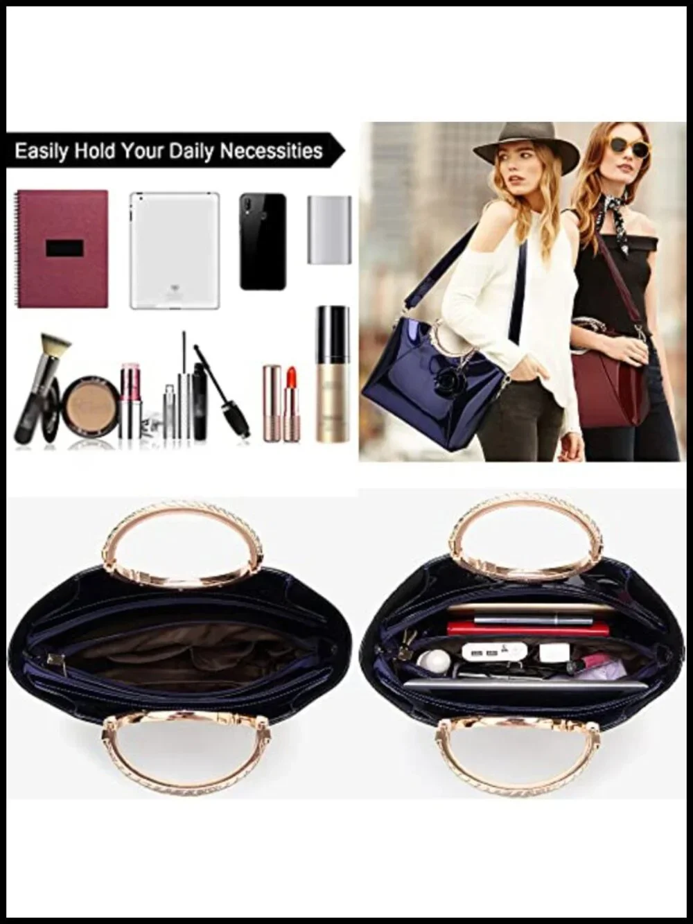 Patent Leather Satchel Tote Handbag with Rose Charm Top Handle